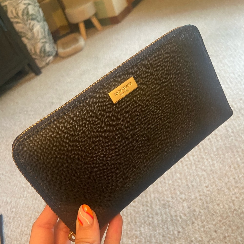 kate spade black zip-around wallet with gold hardware